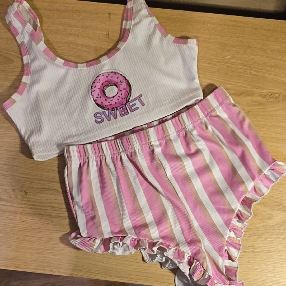 SHEIN Pink & White Striped Donut Pajama Set - Size Small - "Sweet"
